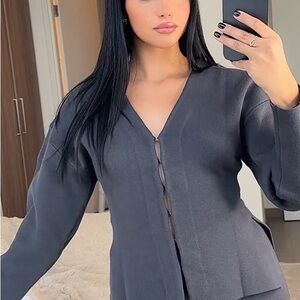 Zara Grey Fitted Knit Cardigan Skirt Set